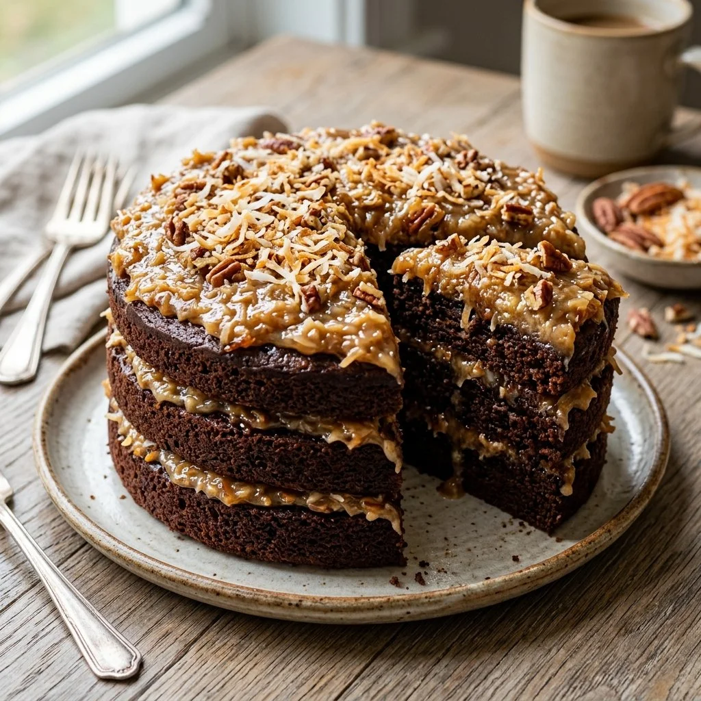Delicious homemade German Chocolate Cake with coconut and pecan frosting