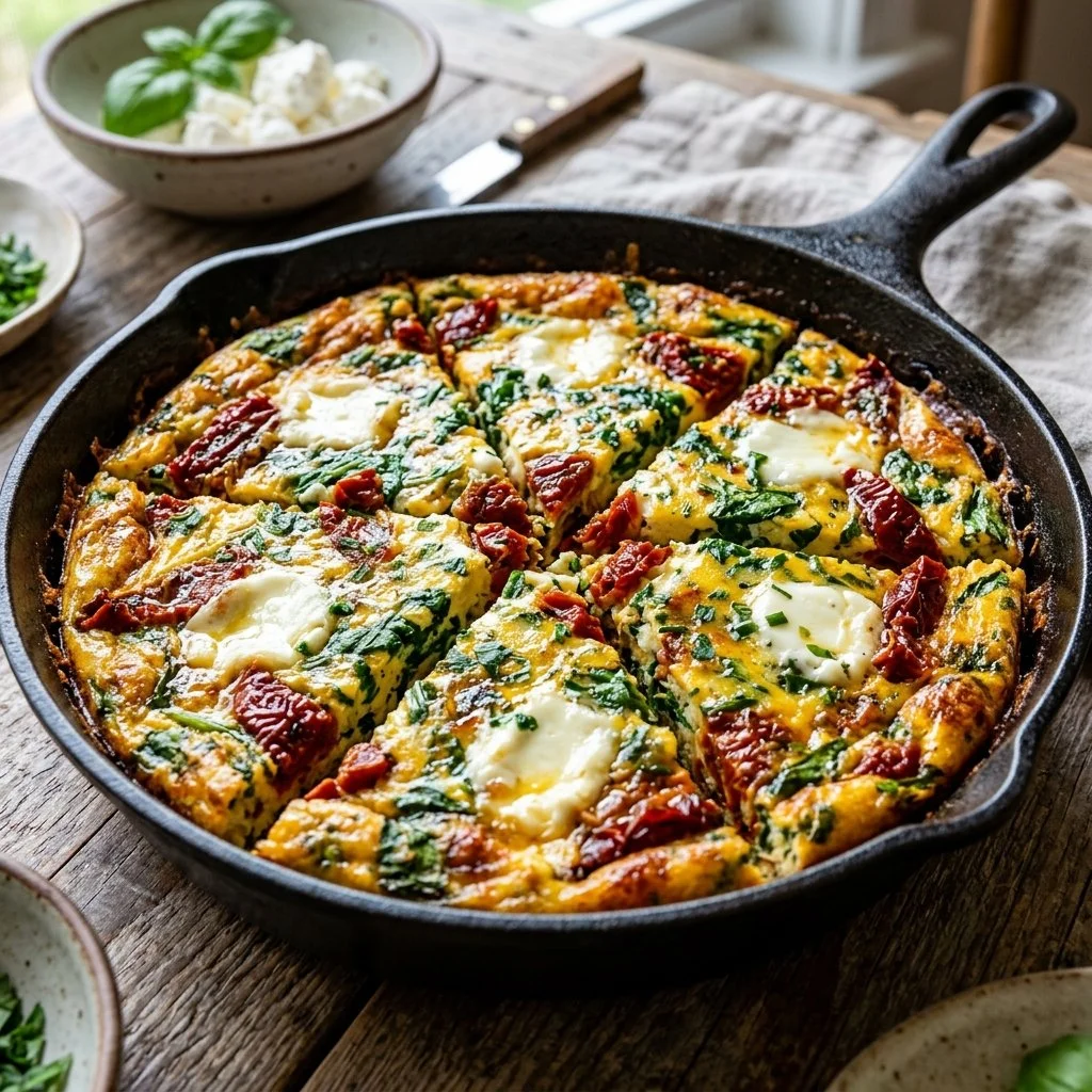 Delicious Goat Cheese and Sun-Dried Tomato Frittata served on a plate