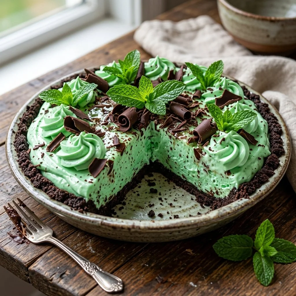 Slice of Grasshopper Pie topped with mint leaves and chocolate shavings