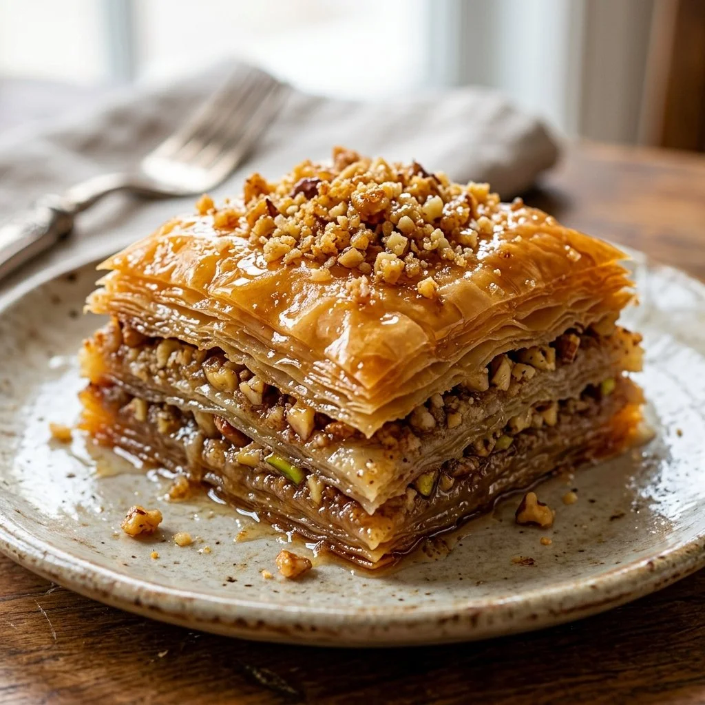 Delicious Greek Baklava with layers of nuts and honey syrup
