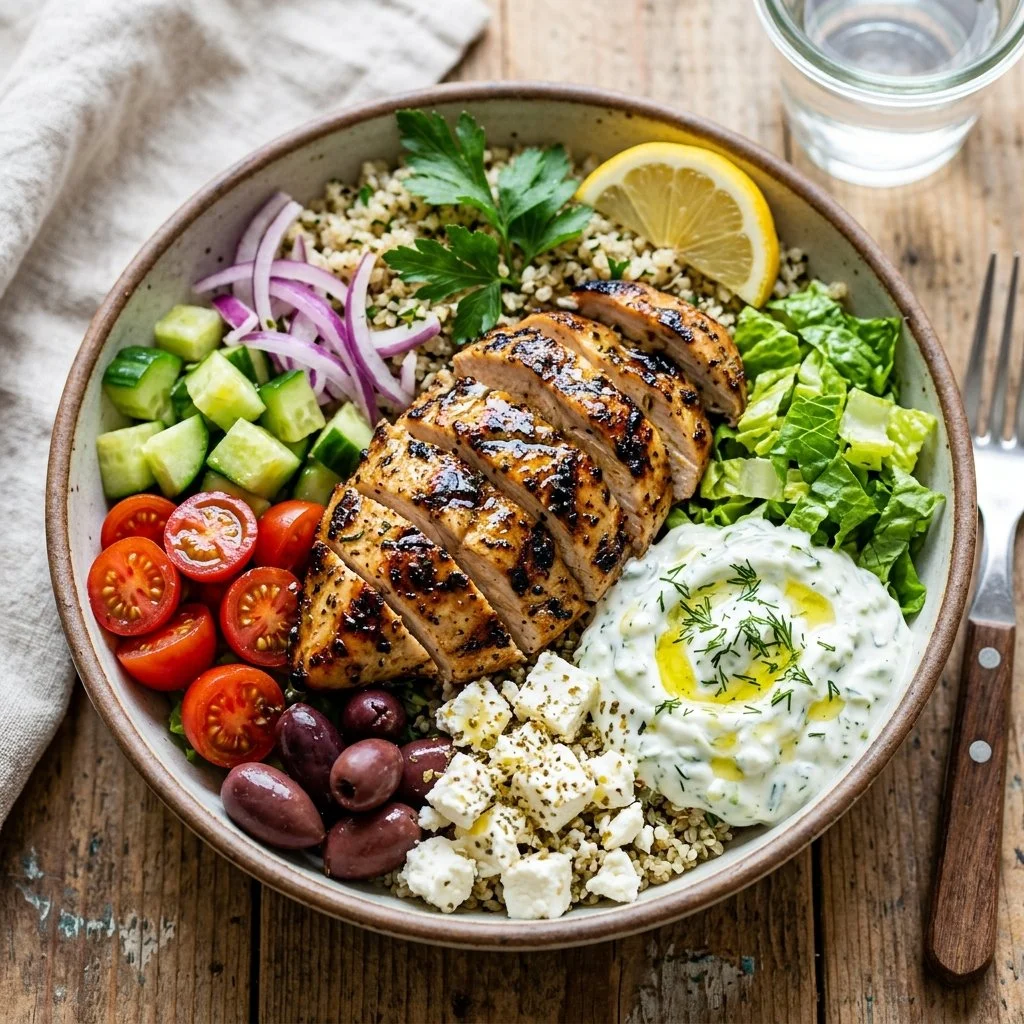 Delicious Greek Chicken Bowl with fresh vegetables and flavorful seasoning