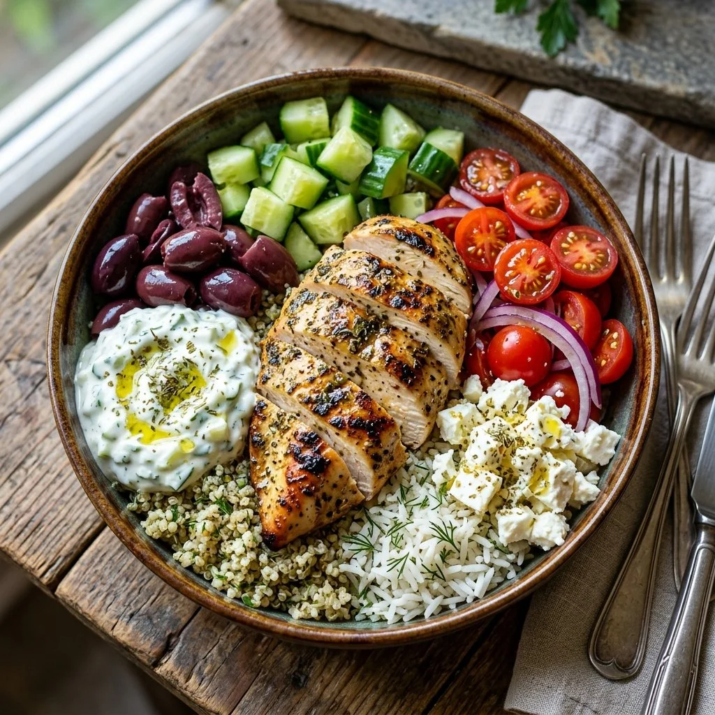 Delicious Greek Chicken Bowl with fresh ingredients and vibrant presentation.