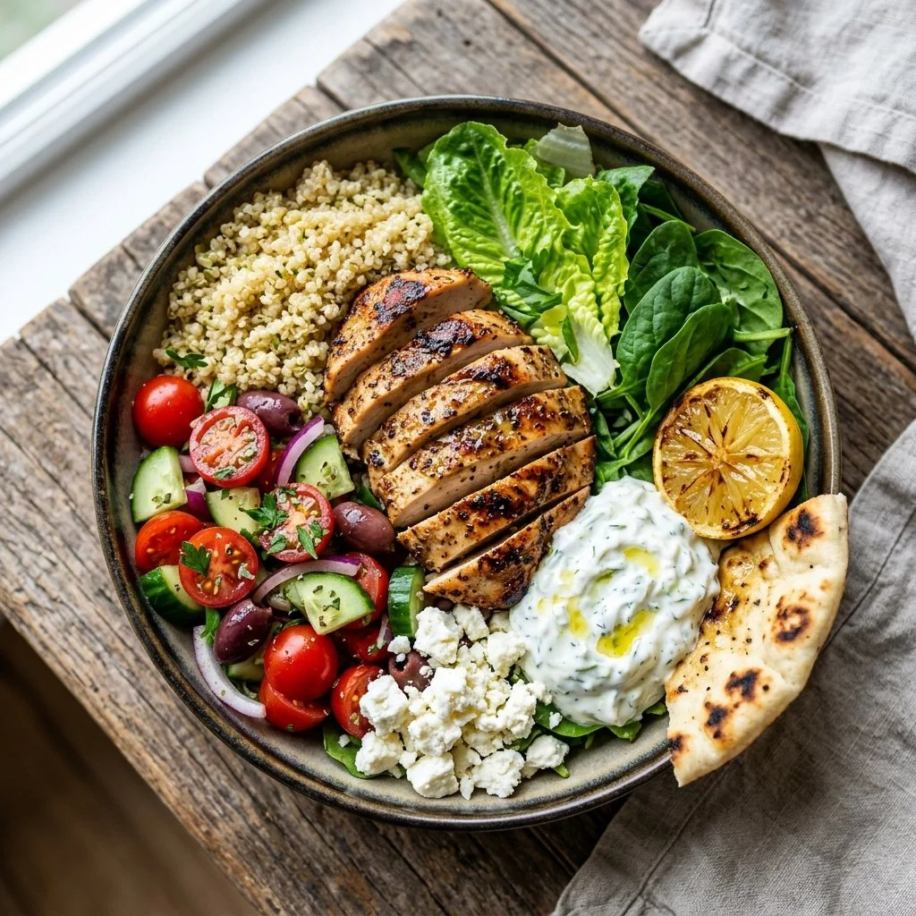 Delicious Greek Chicken Gyro Bowl with fresh vegetables and tzatziki sauce