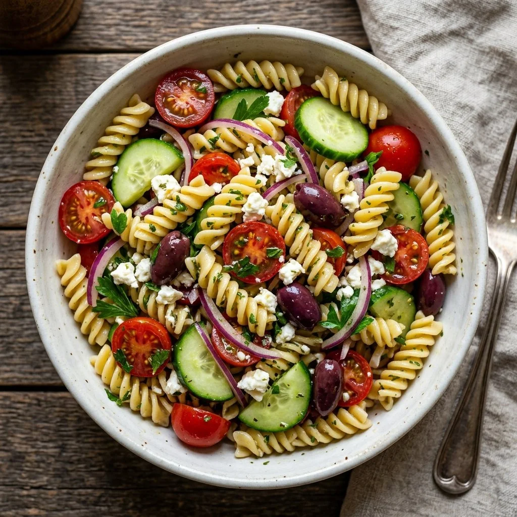 Colorful Greek Pasta Salad with olives, feta cheese, and fresh vegetables