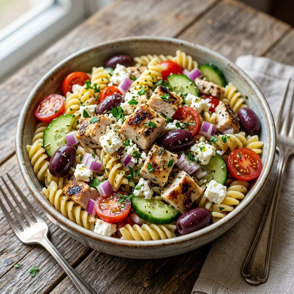 Greek Pasta Salad with Chicken featuring fresh vegetables and dressing