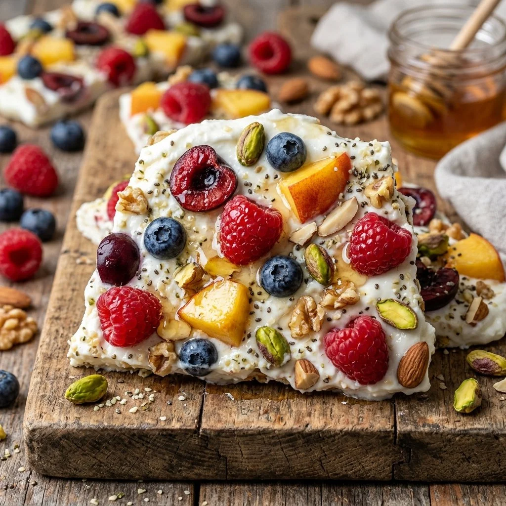 Delicious Greek Yogurt Bark topped with fruits and nuts served on a wooden board.