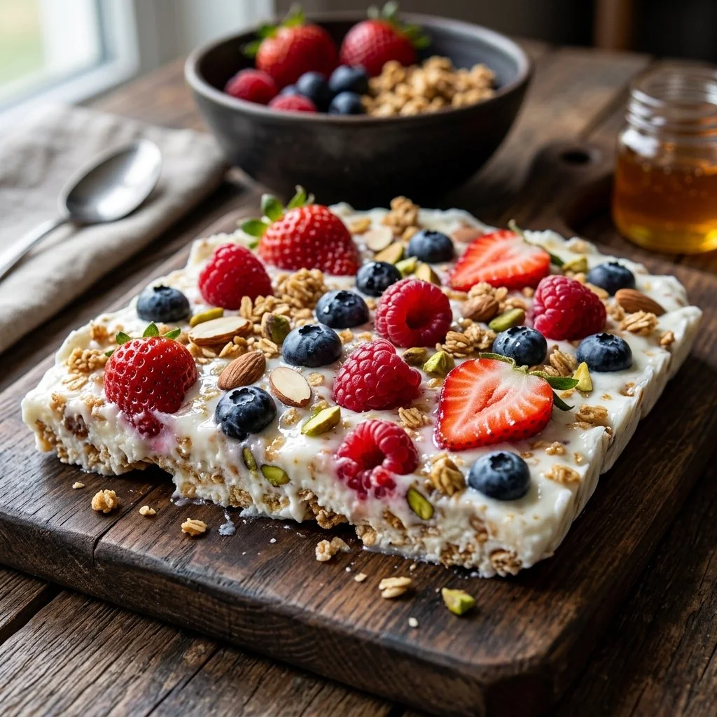 Delicious Greek Yogurt Bark topped with fruits and nuts, a healthy snack.