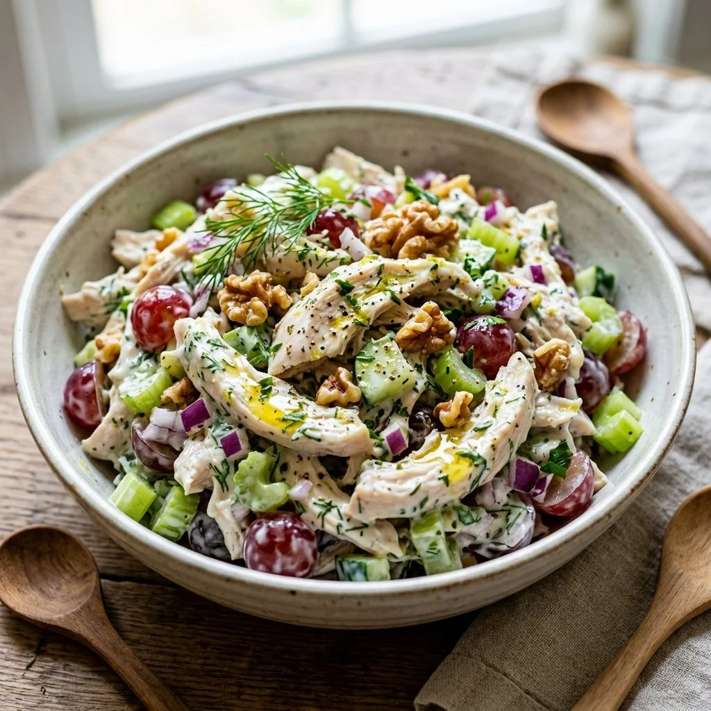Bowl of Greek Yogurt Chicken Salad with fresh vegetables and herbs