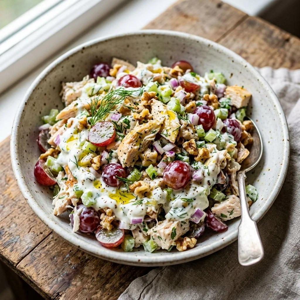Bowl of Greek Yogurt Chicken Salad with fresh vegetables