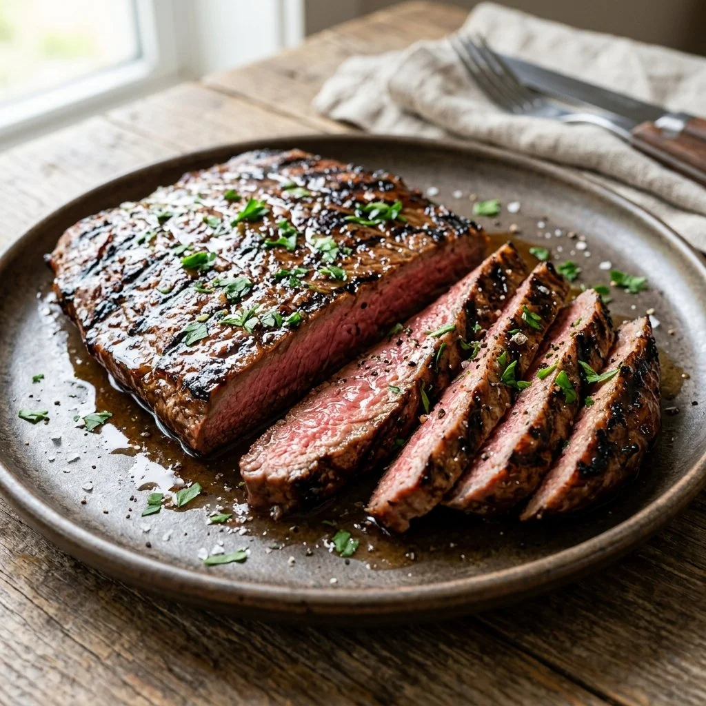 Grilled balsamic flank steak garnished with herbs on a wooden platter