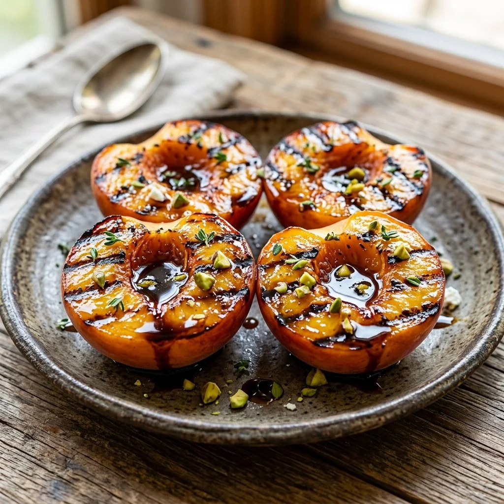 Grilled balsamic peaches served on a plate with a drizzle of balsamic glaze.