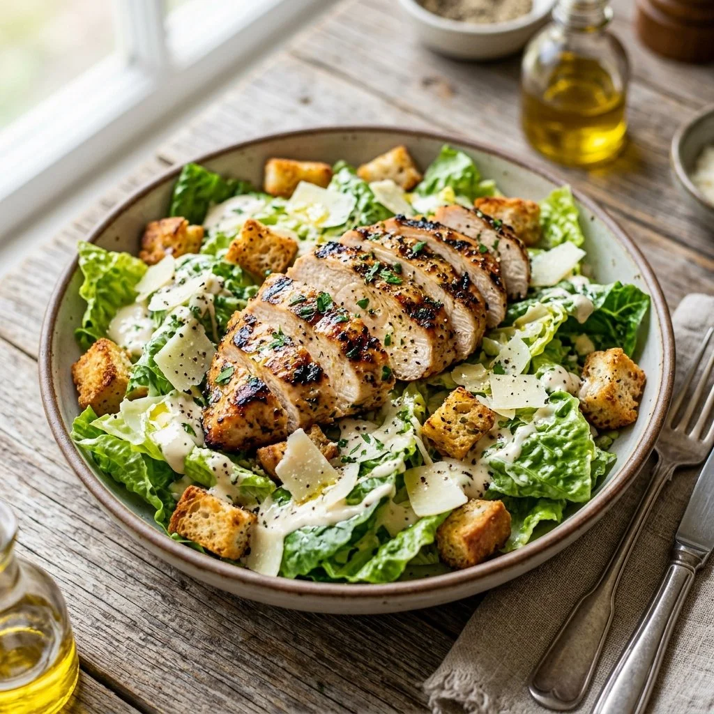 Grilled chicken Caesar salad with romaine lettuce, croutons, and Caesar dressing