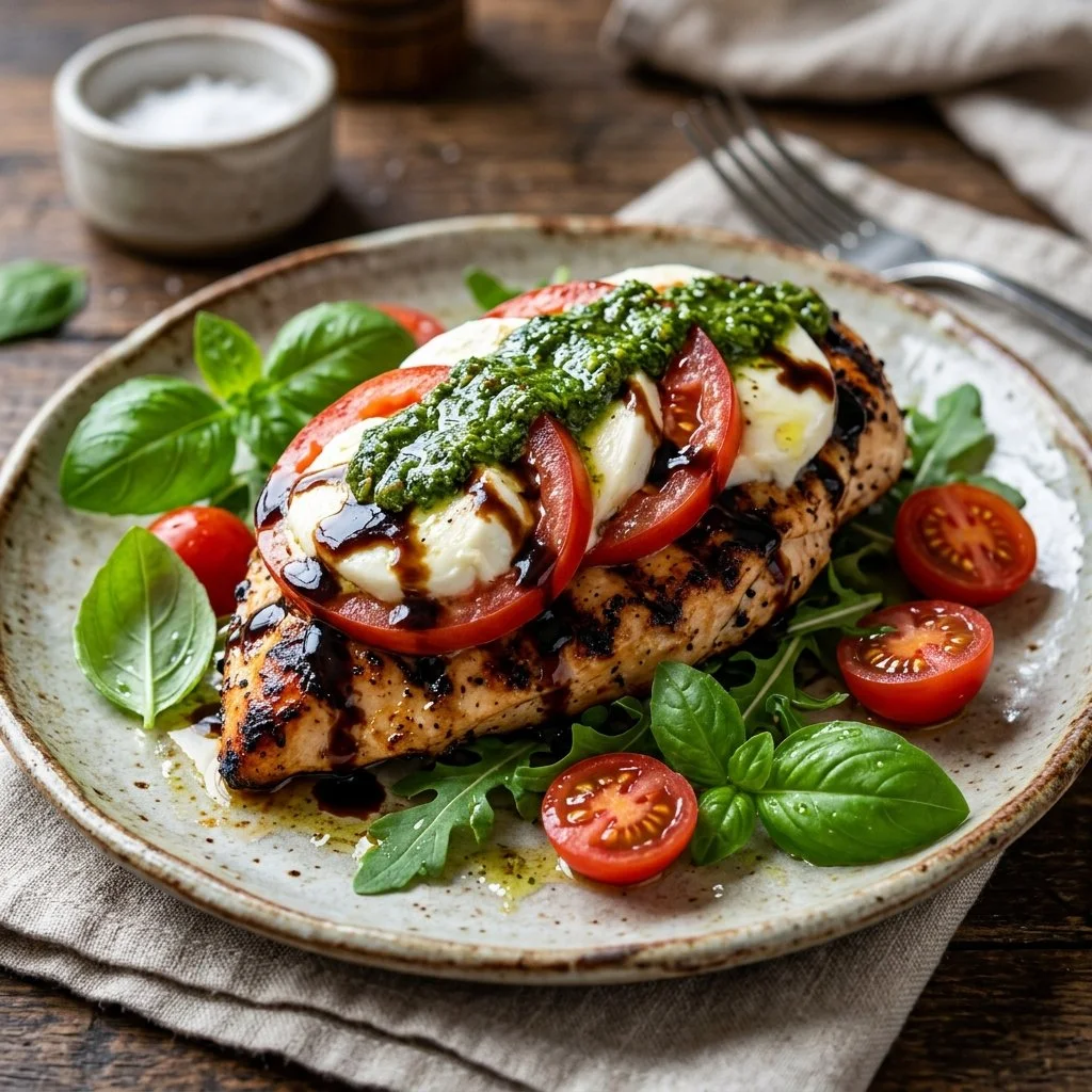 Delicious Grilled Chicken Caprese with fresh basil and mozzarella cheese