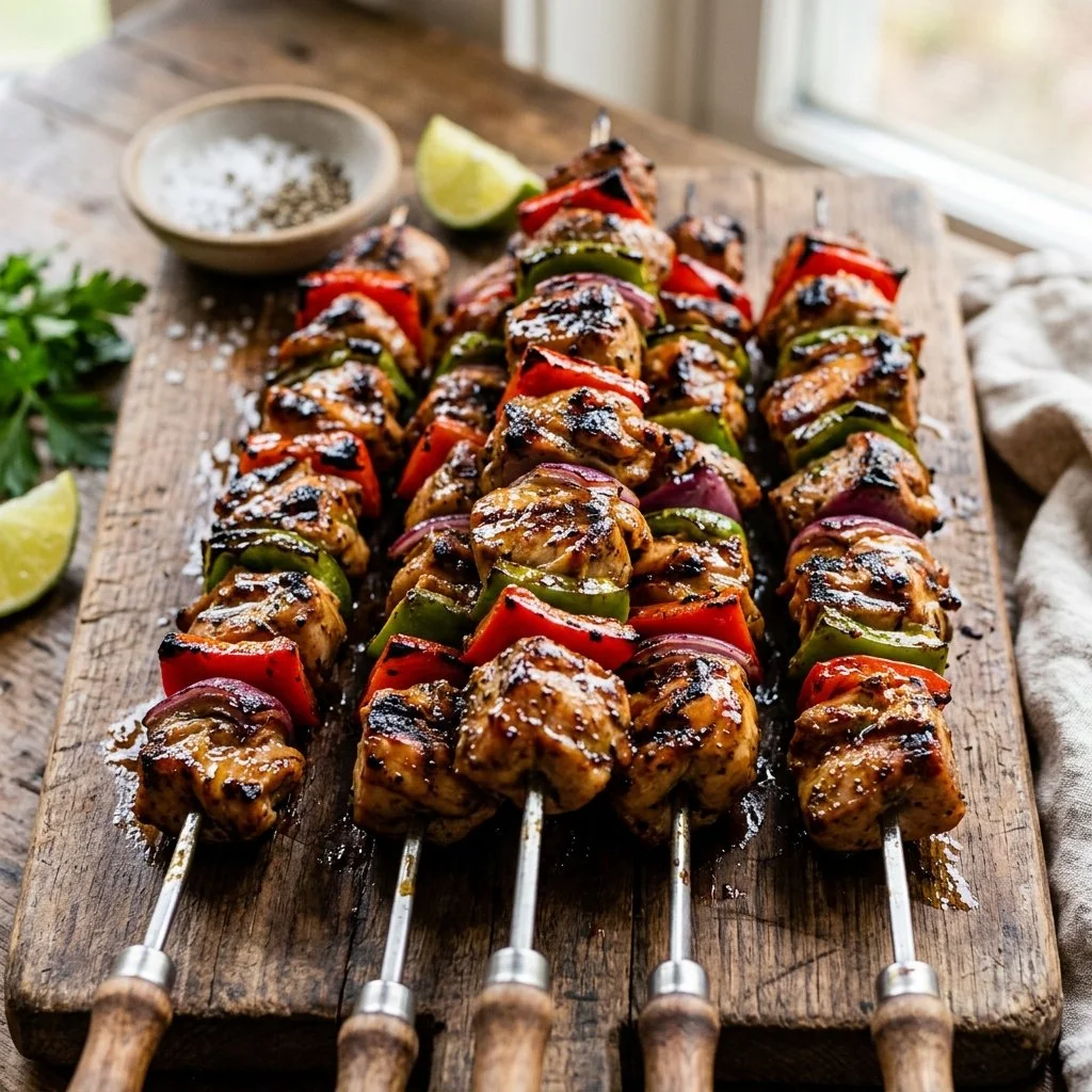 Delicious grilled chicken kabobs on skewers with vegetables