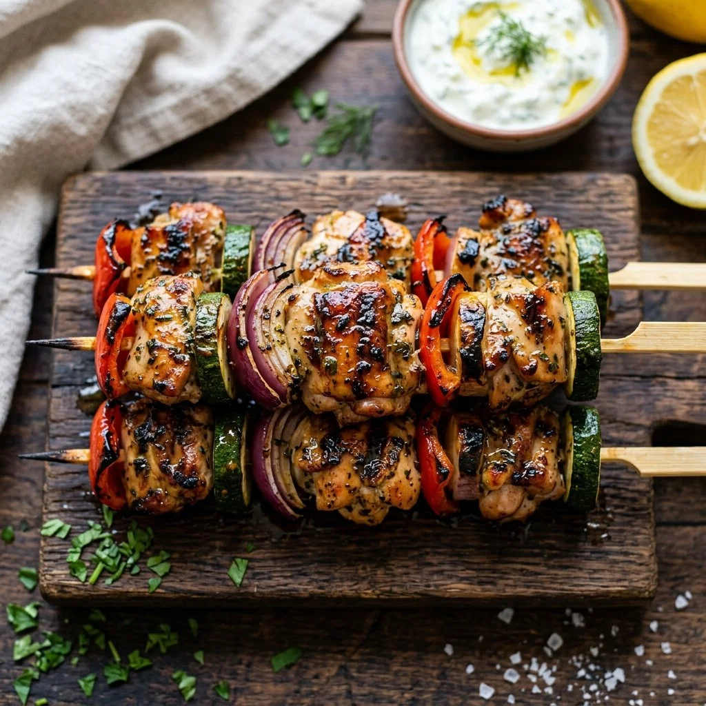 Delicious grilled chicken skewers on a platter, garnished with herbs.
