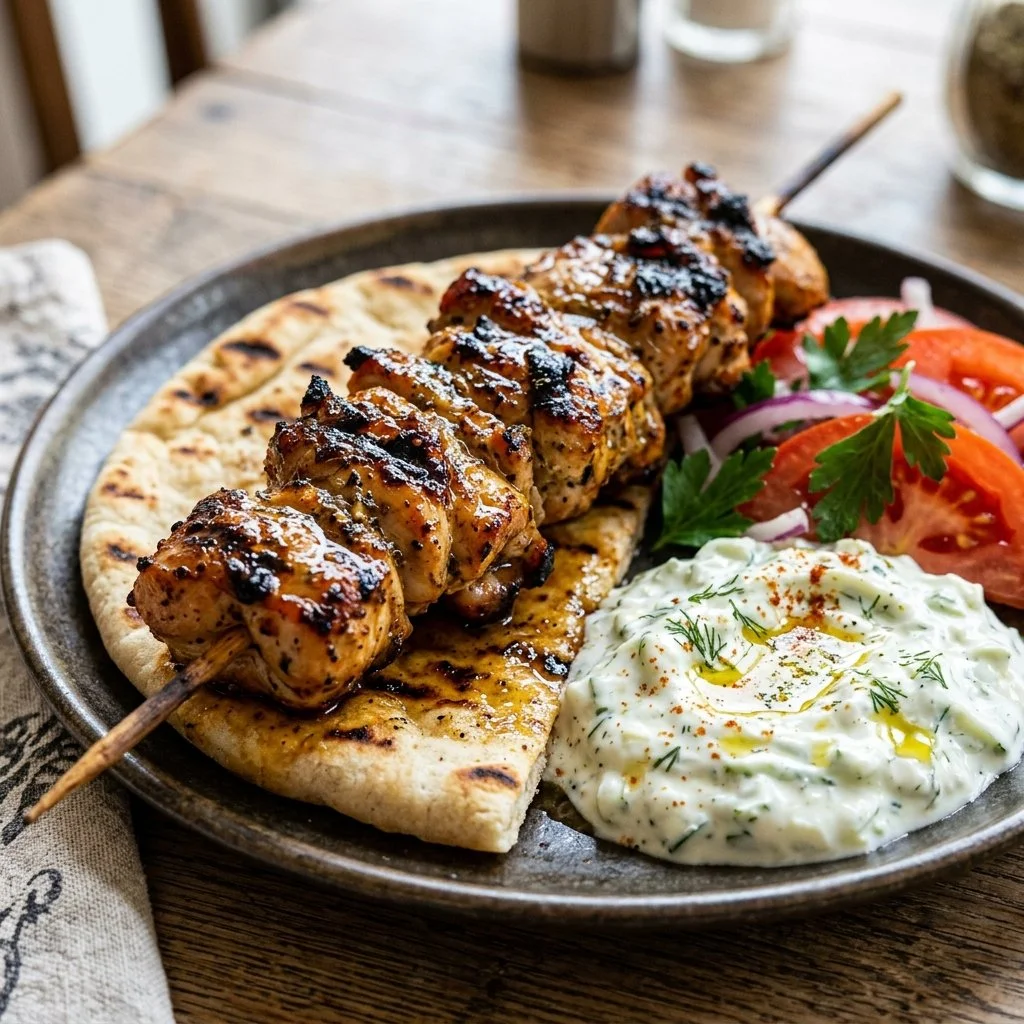 Delicious grilled chicken souvlaki skewers served with fresh vegetables