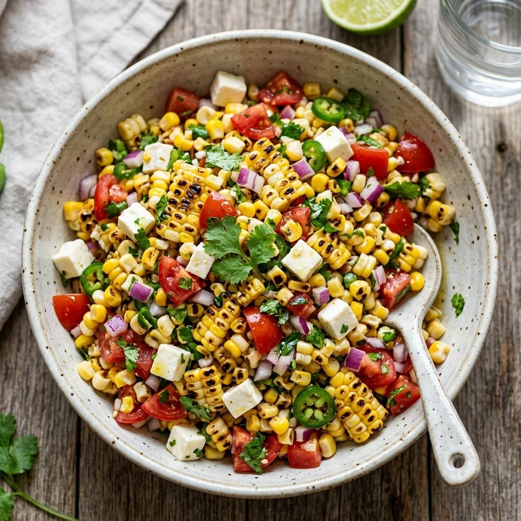 Colorful grilled corn salad with fresh vegetables and herbs in a bowl