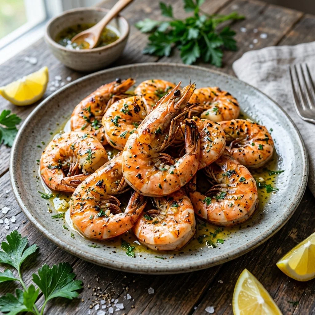 Delicious grilled garlic herb shrimp on a platter ready to serve.