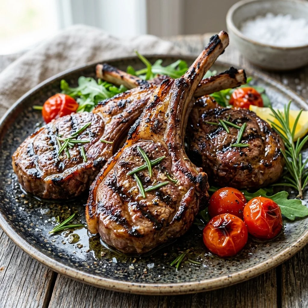 Delicious grilled lamb chops served on a plate with herbs and seasoning