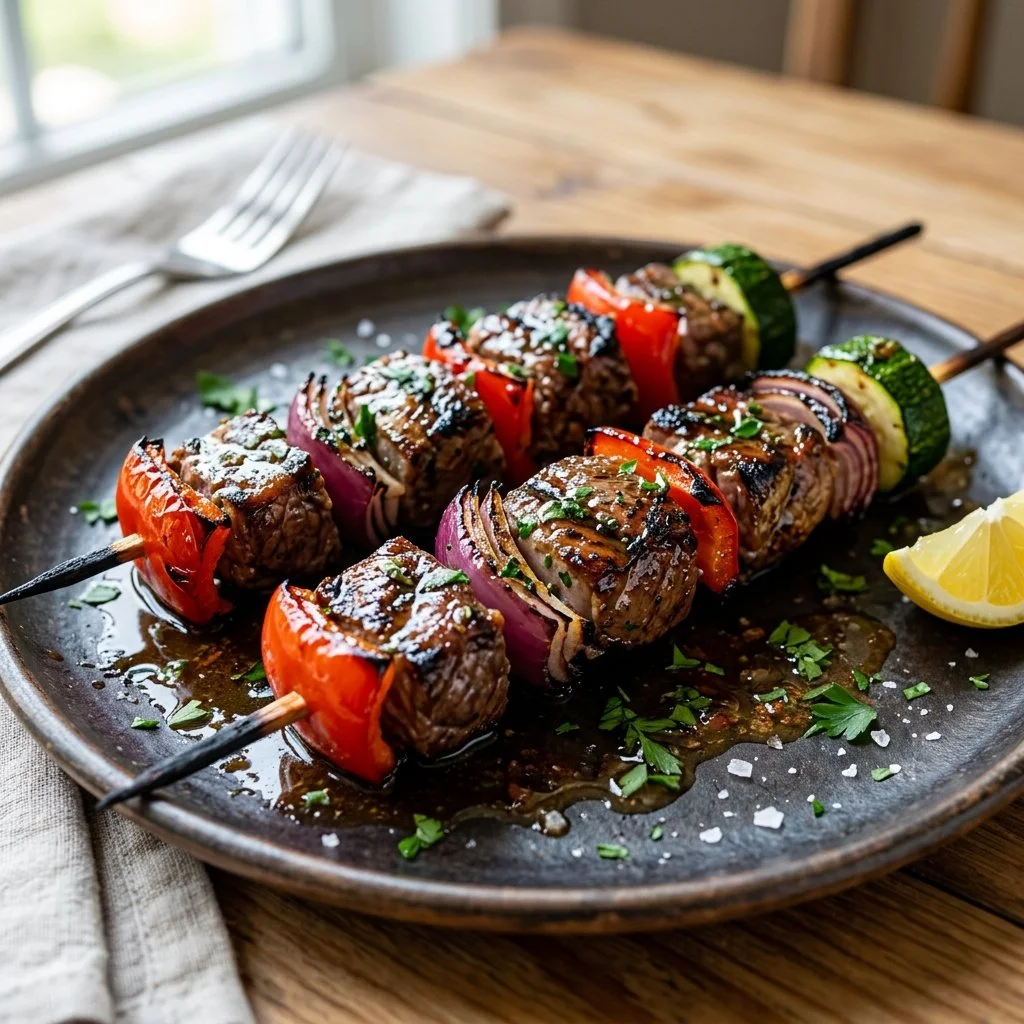 Delicious grilled lamb kabobs served with fresh vegetables and herbs
