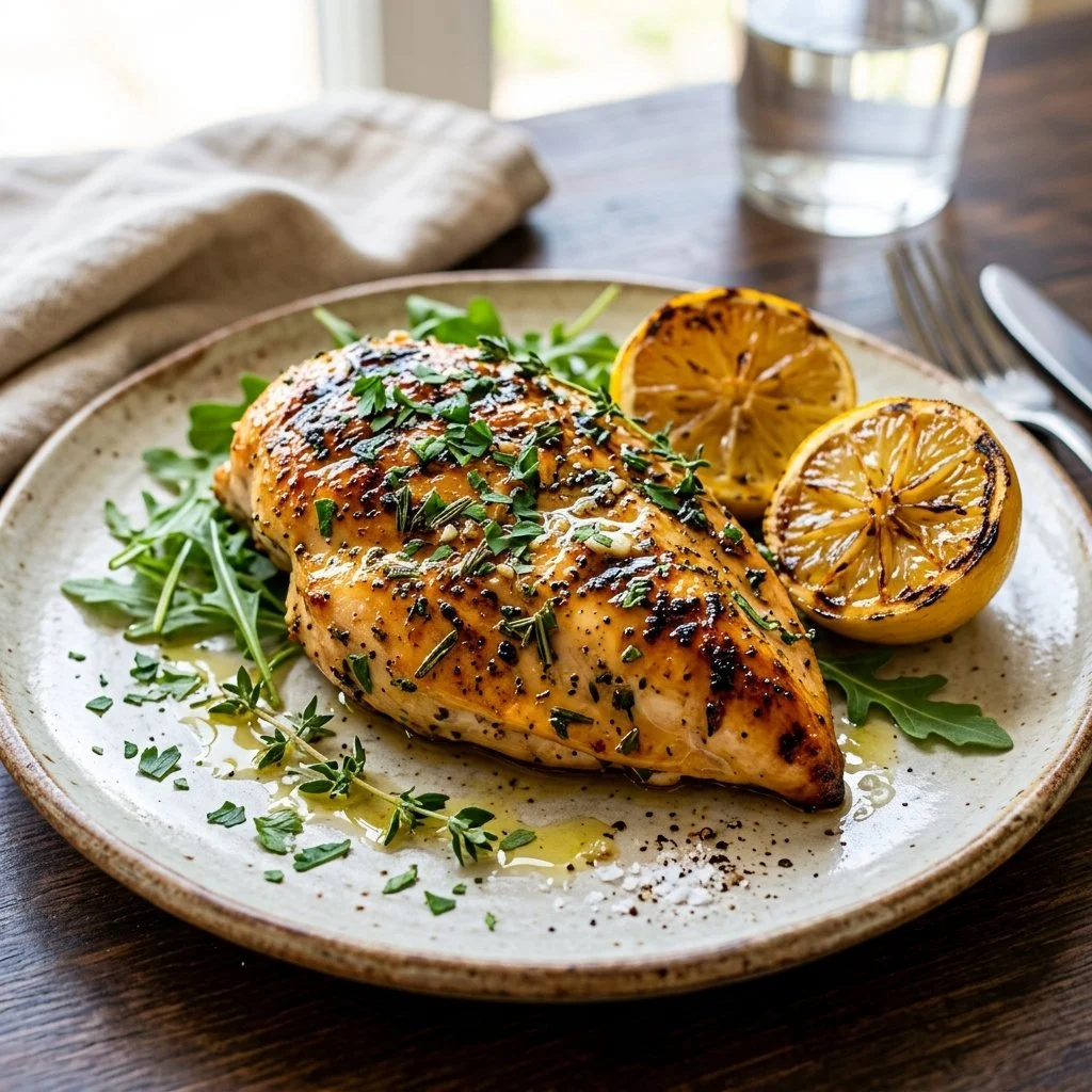 Grilled lemon herb chicken served with fresh herbs and lemon slices