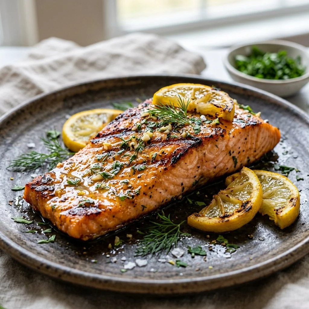Grilled lemon herb salmon garnished with fresh herbs and lemon slices