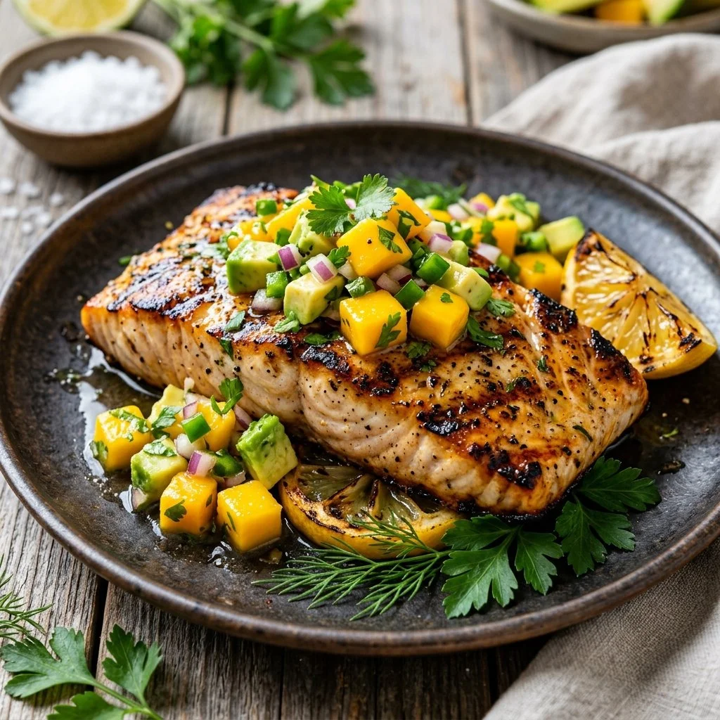 Delicious grilled mahi mahi served with fresh vegetables and herbs.
