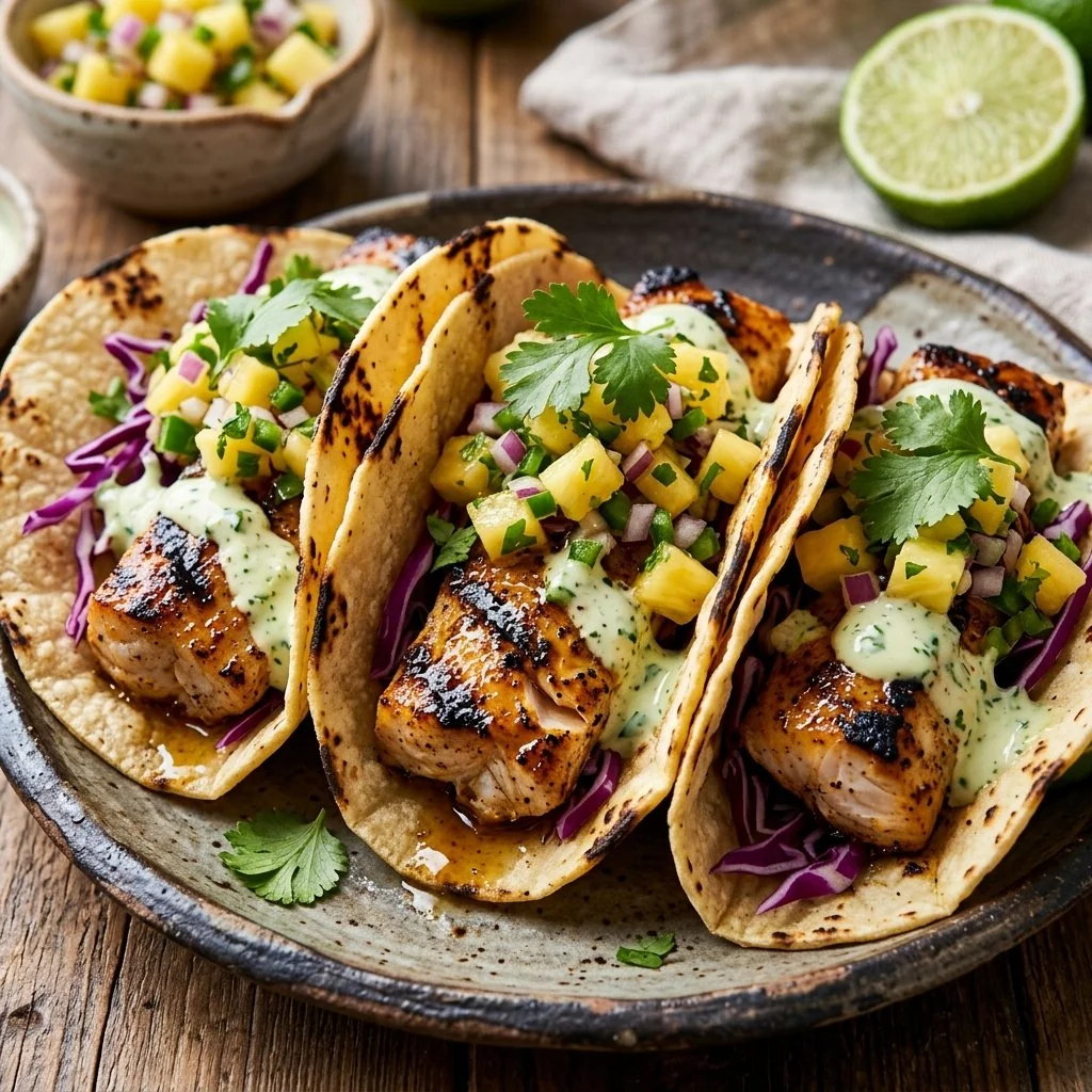 Delicious grilled Mahi Mahi tacos topped with fresh ingredients.