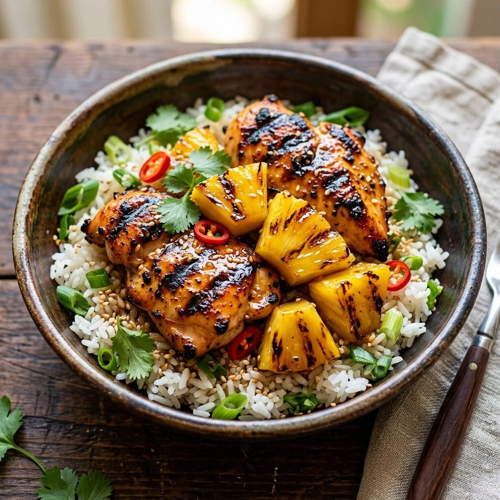 Plate of Grilled Pineapple Chicken garnished with fresh herbs and pineapple slices.