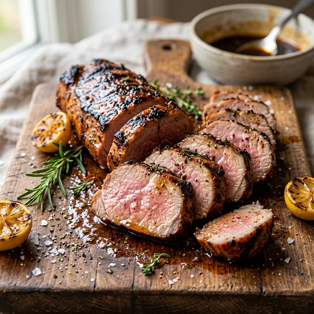 Juicy grilled pork tenderloin served with vegetables on a plate