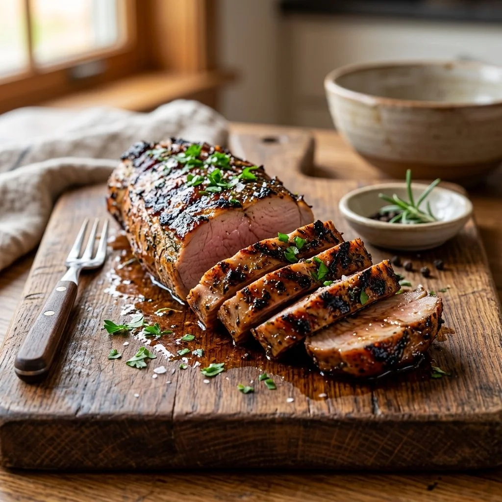 Juicy grilled pork tenderloin served on a plate with fresh herbs and vegetables