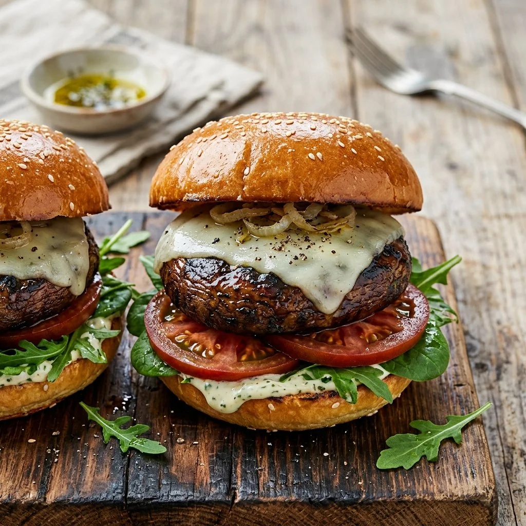 Grilled Portobello mushroom burgers on a wooden plate with fresh toppings