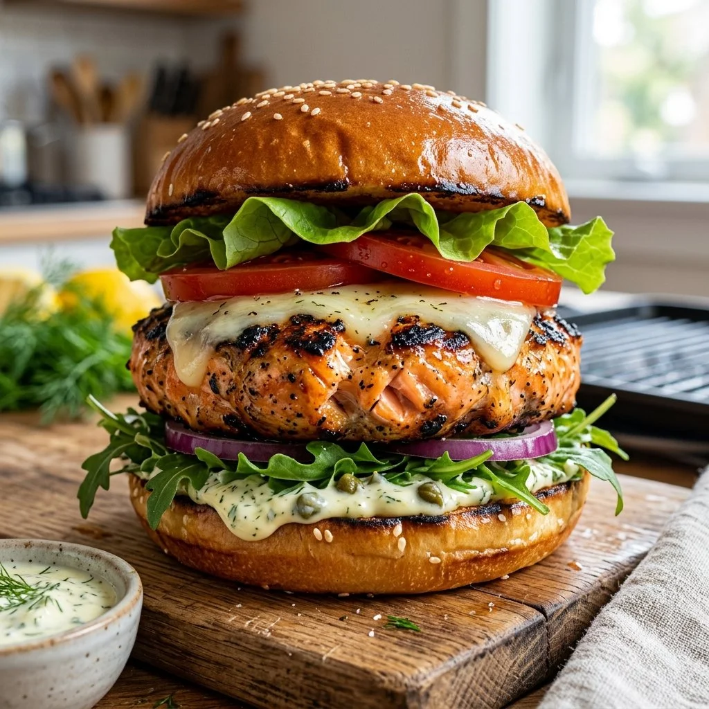 Delicious grilled salmon burgers served on a bun with fresh toppings.