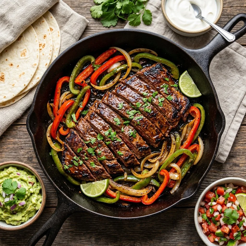 Delicious grilled steak fajitas served with colorful peppers and onions