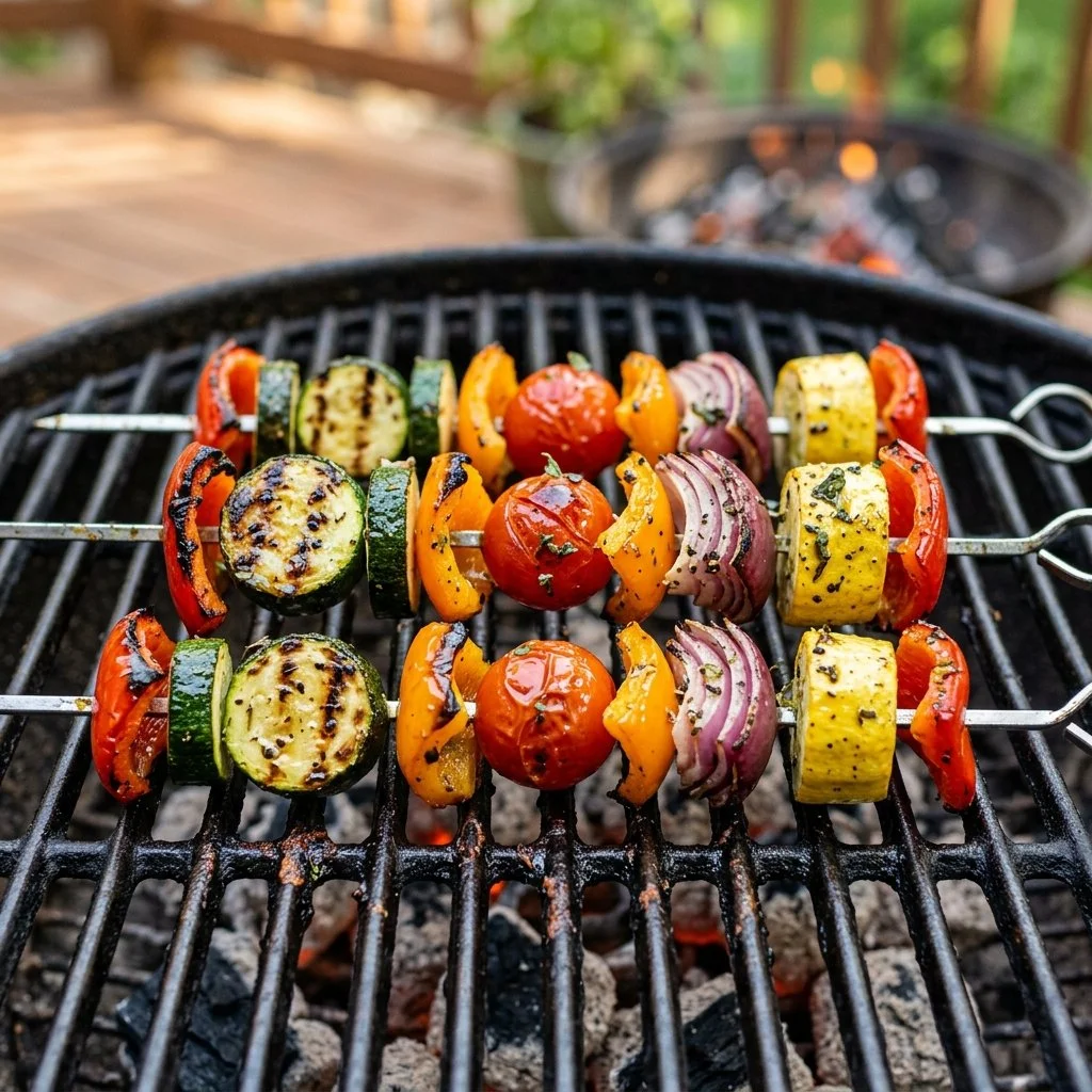 Colorful grilled vegetable kabobs served on skewers, showcasing fresh veggies.
