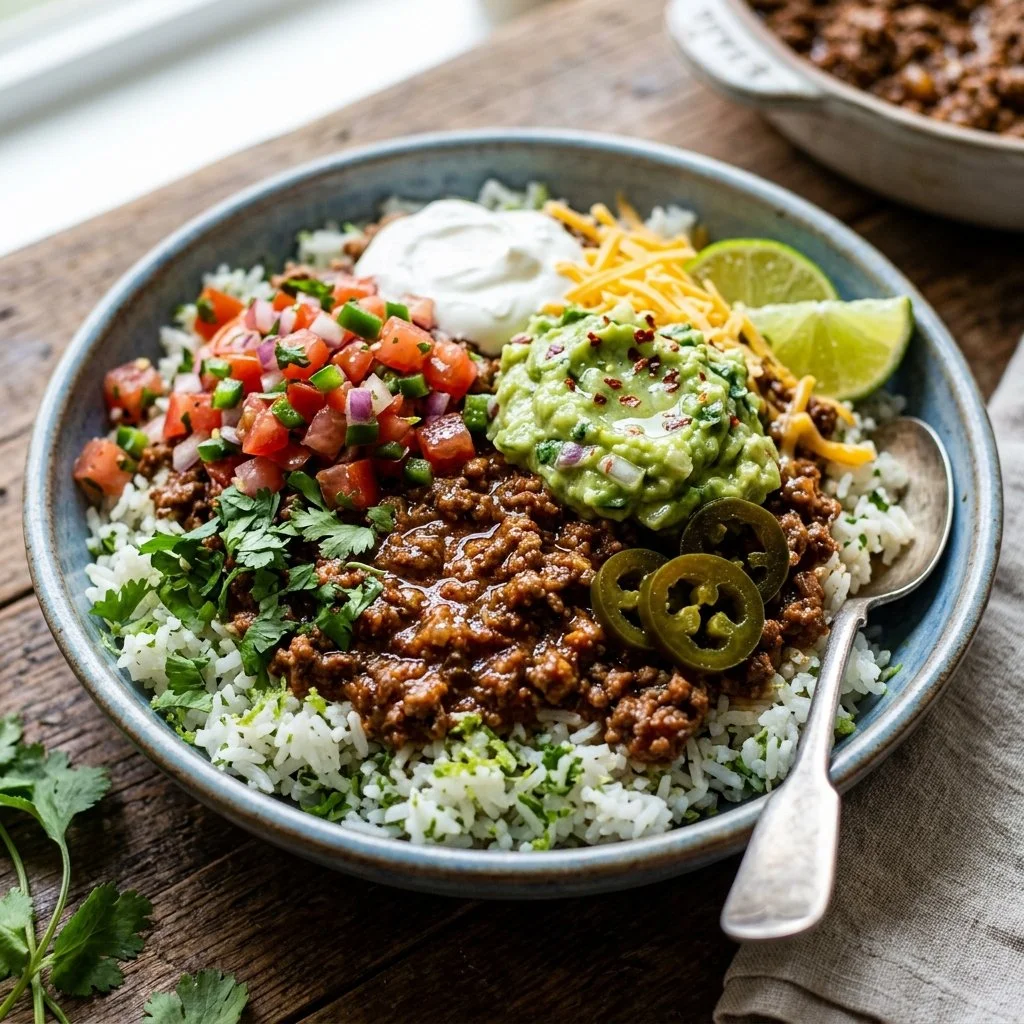 Delicious ground beef taco bowls filled with fresh toppings and flavors