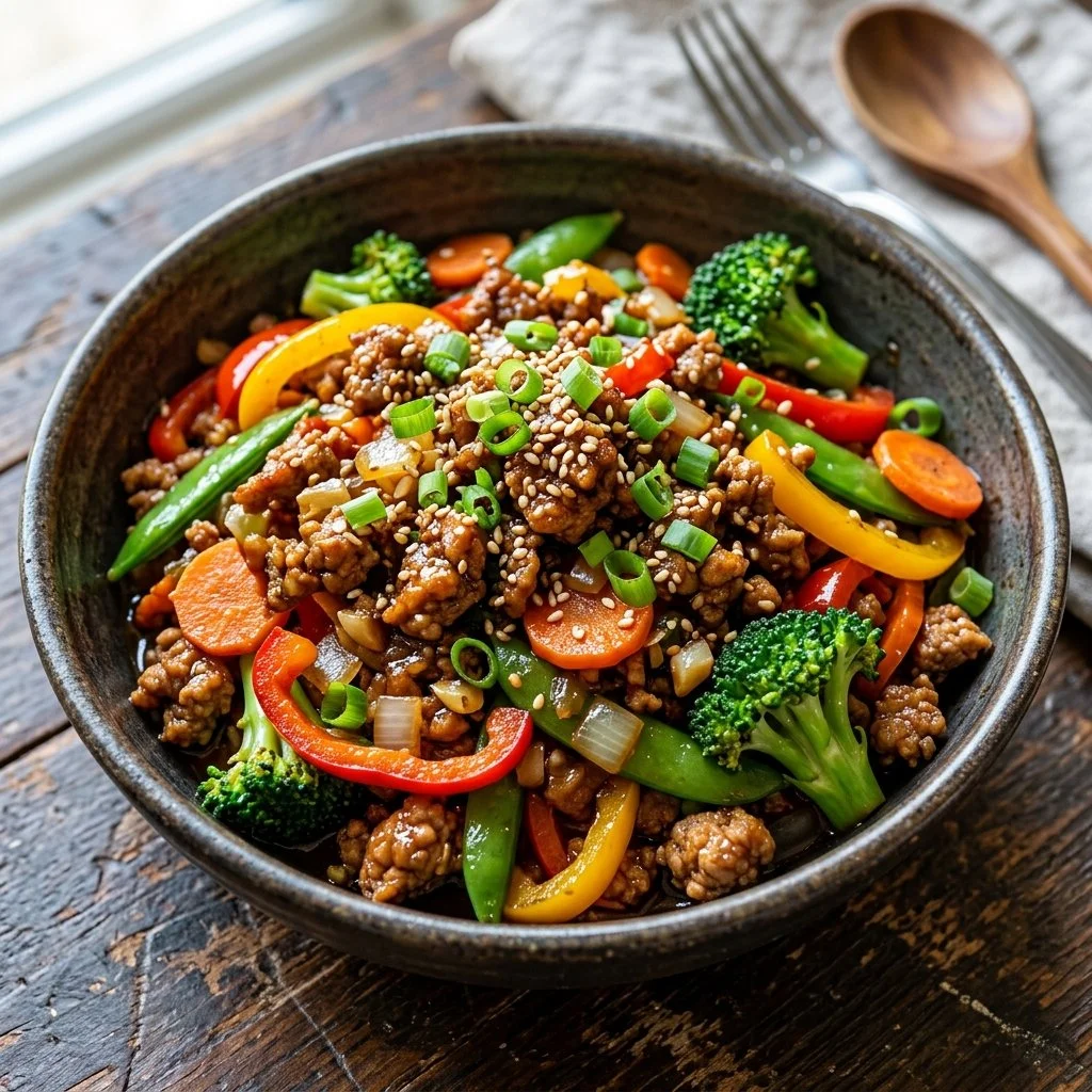 Delicious ground turkey stir fry with colorful vegetables