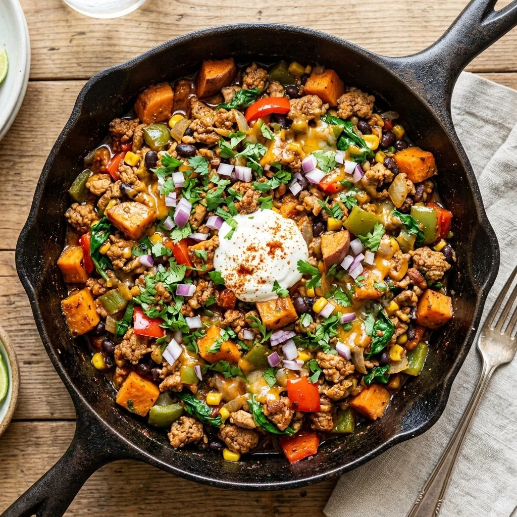 Ground turkey sweet potato skillet dish topped with fresh herbs.