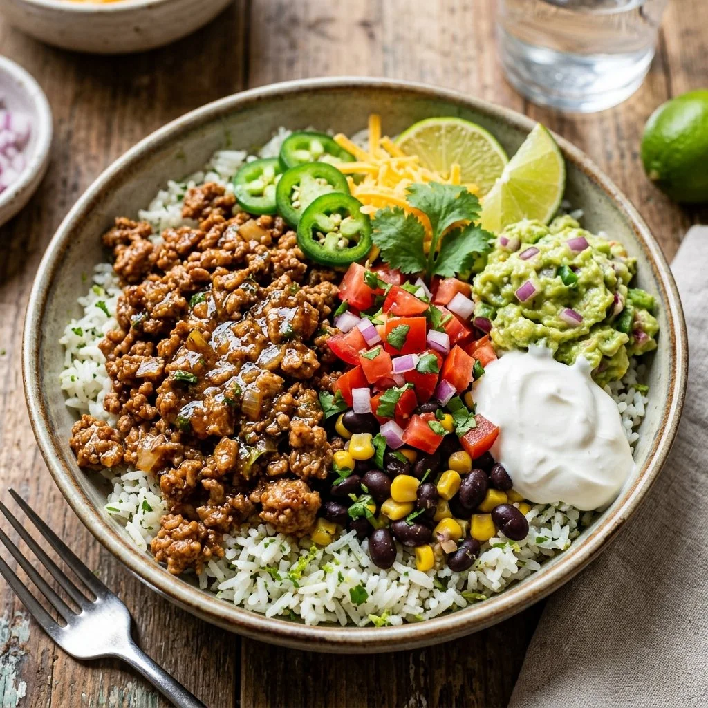 Healthy Ground Turkey Taco Bowl with fresh vegetables and toppings