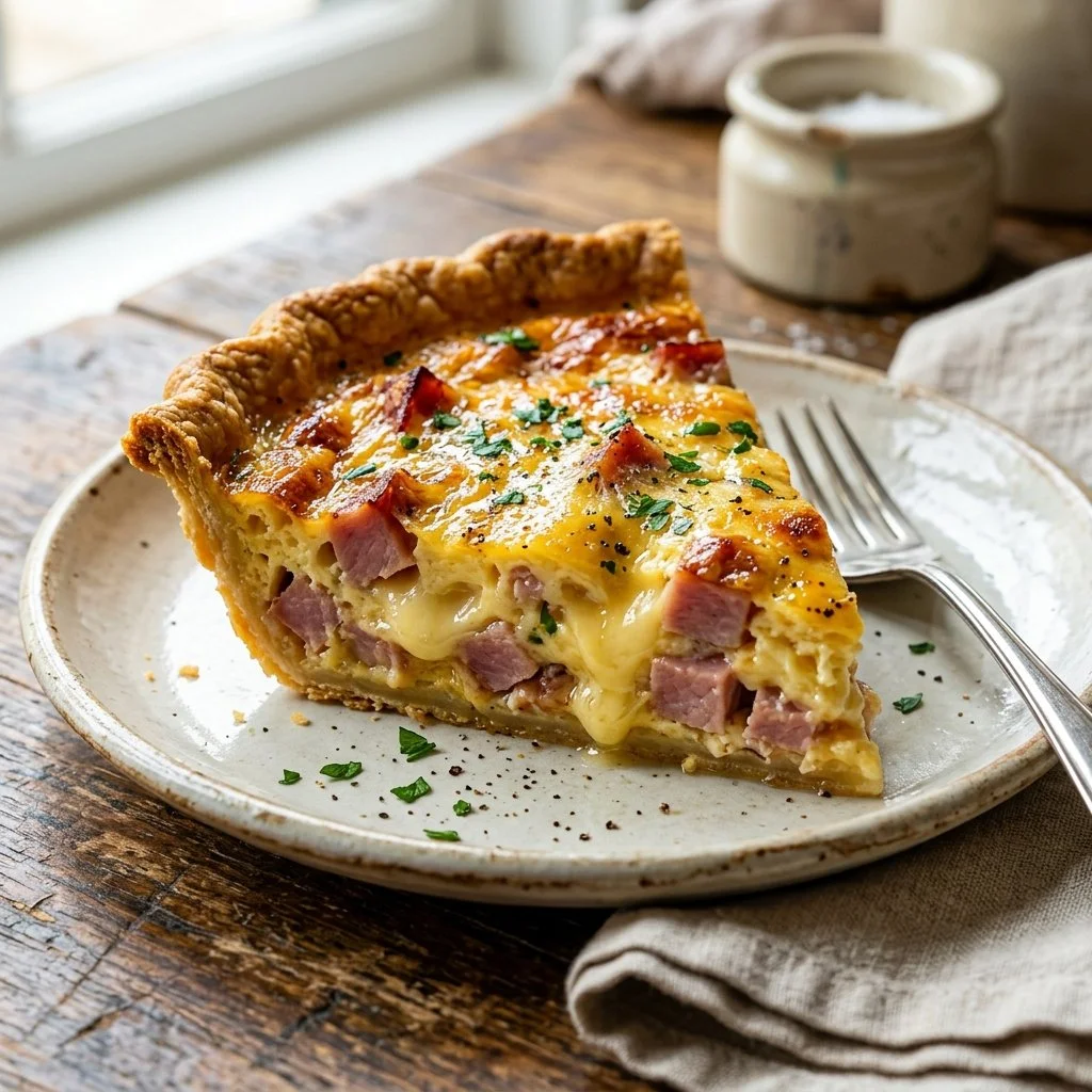 Delicious ham and cheese quiche served on a plate