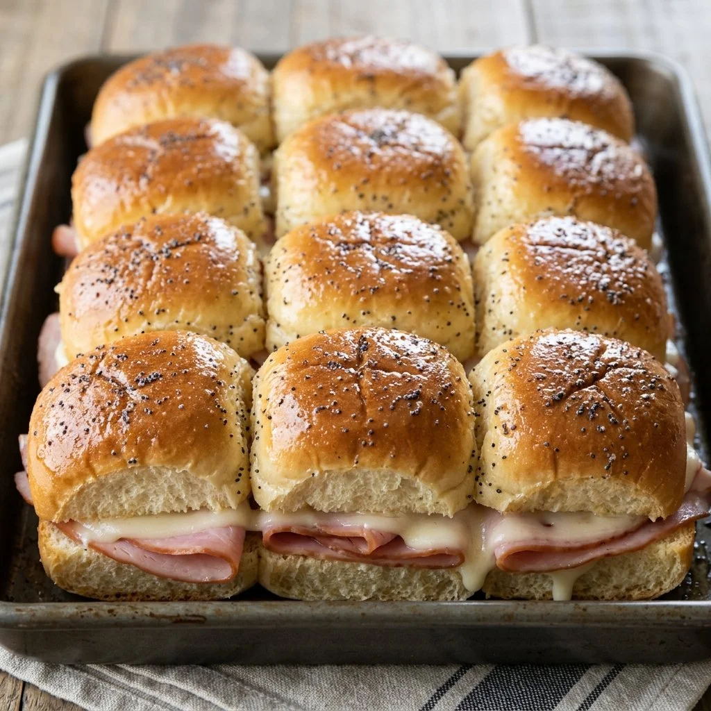 Homemade ham and cheese sliders on a platter