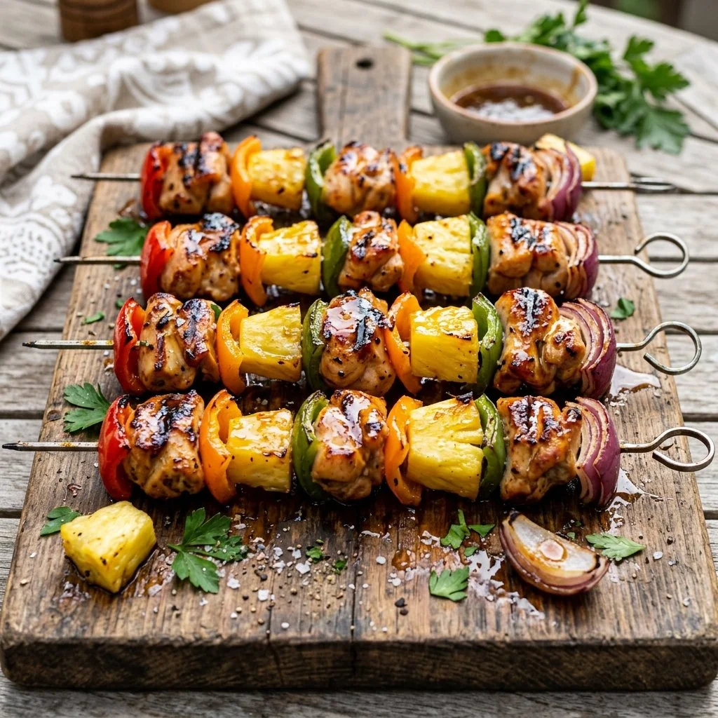 Grilled Hawaiian Chicken Kabobs with vegetables and pineapple