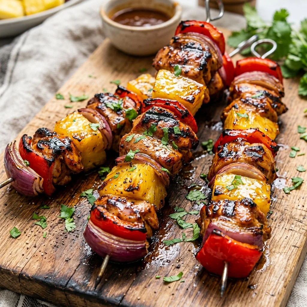 Grilled Hawaiian Chicken Kebabs with colorful vegetables on skewers