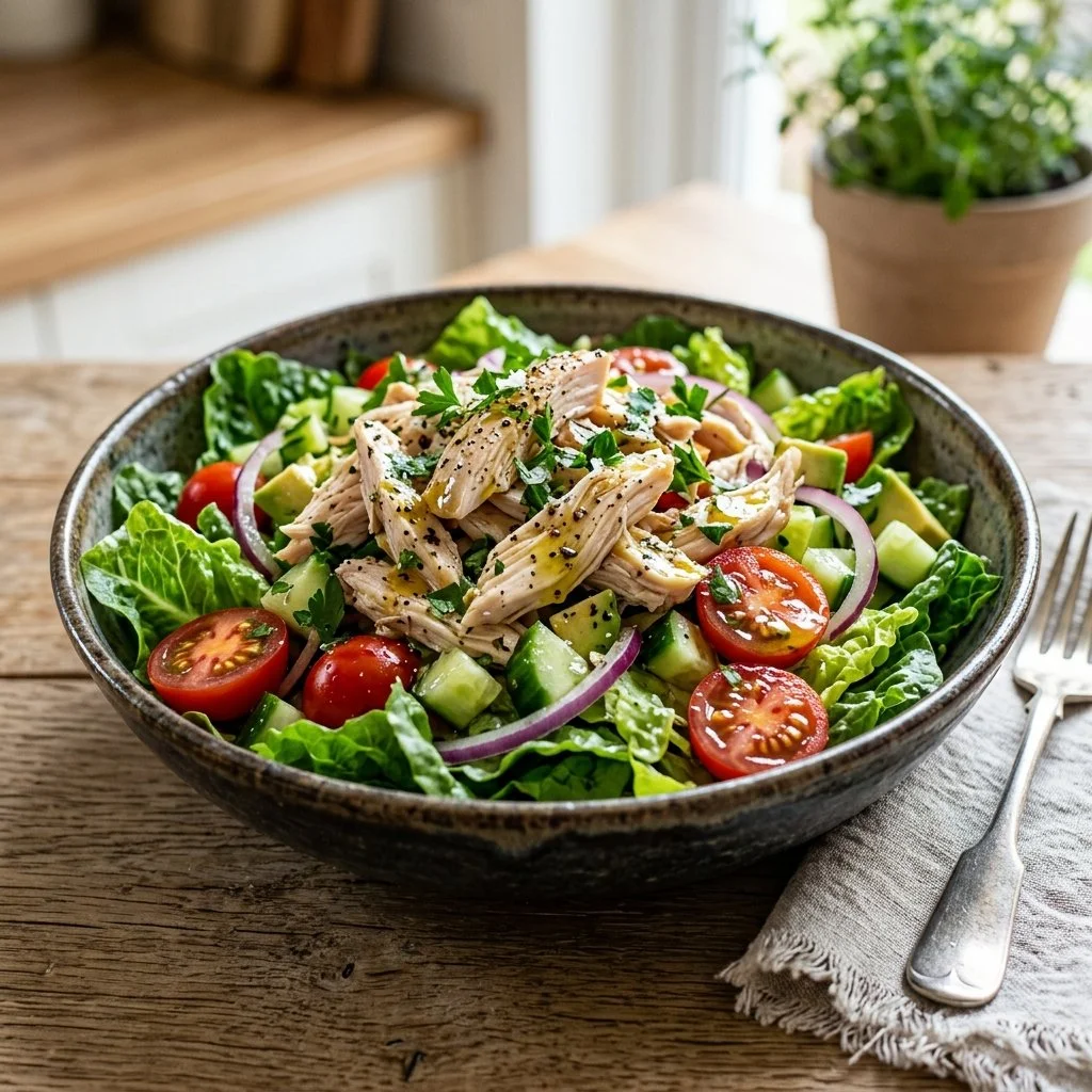 Healthy chicken salad with fresh vegetables and protein-rich chicken