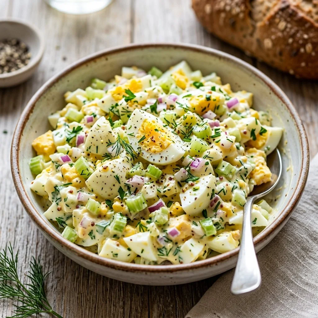 Bowl of healthy egg salad made with fresh ingredients