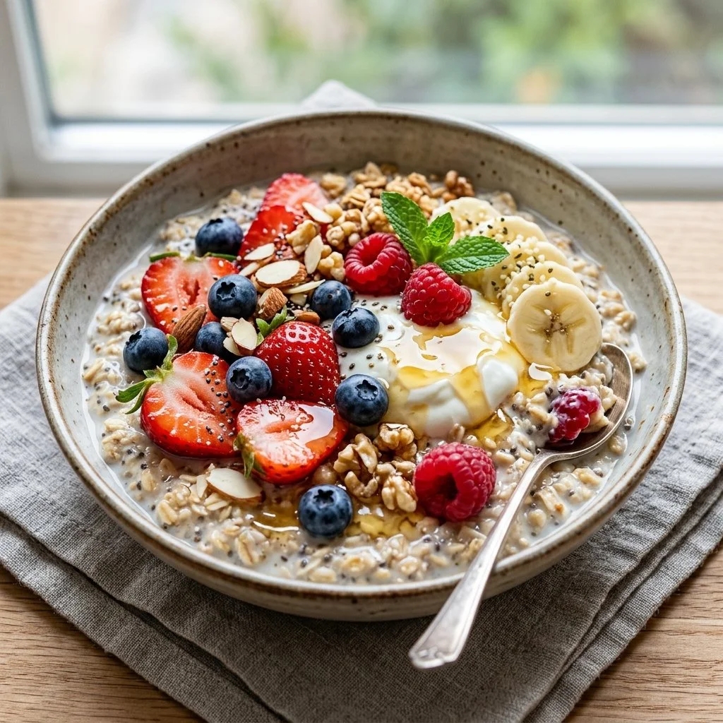 Bowl of healthy overnight oats topped with fresh fruits and nuts
