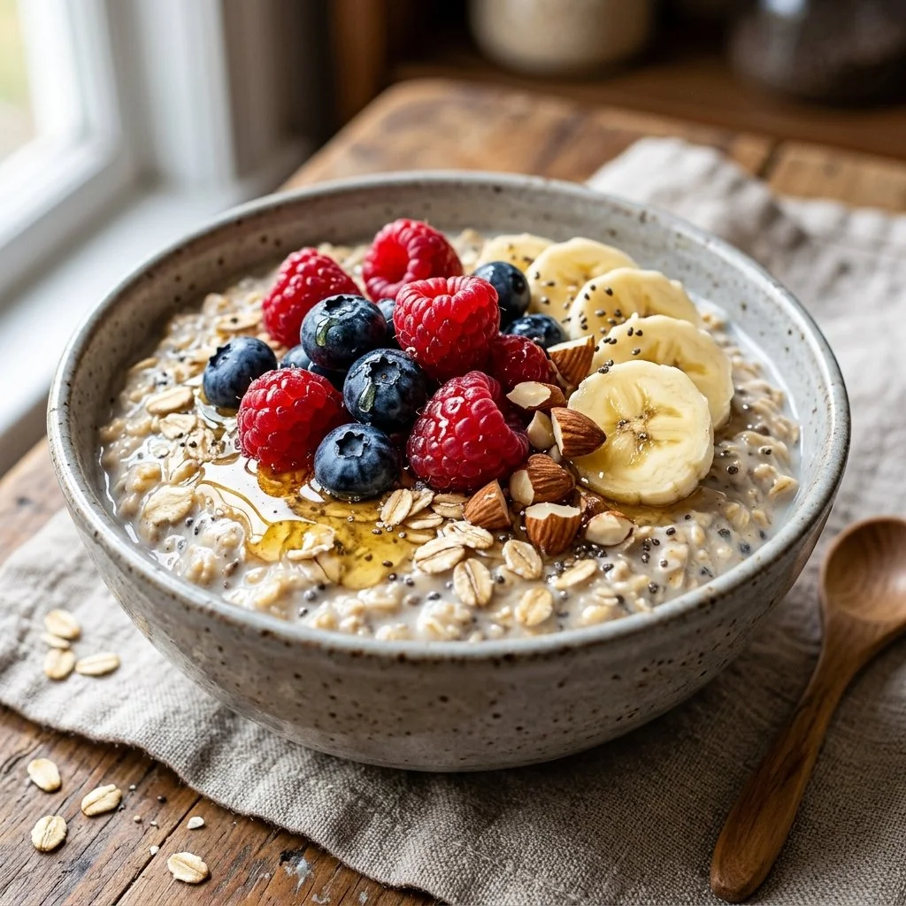 A bowl of healthy overnight oats topped with fruits and nuts.