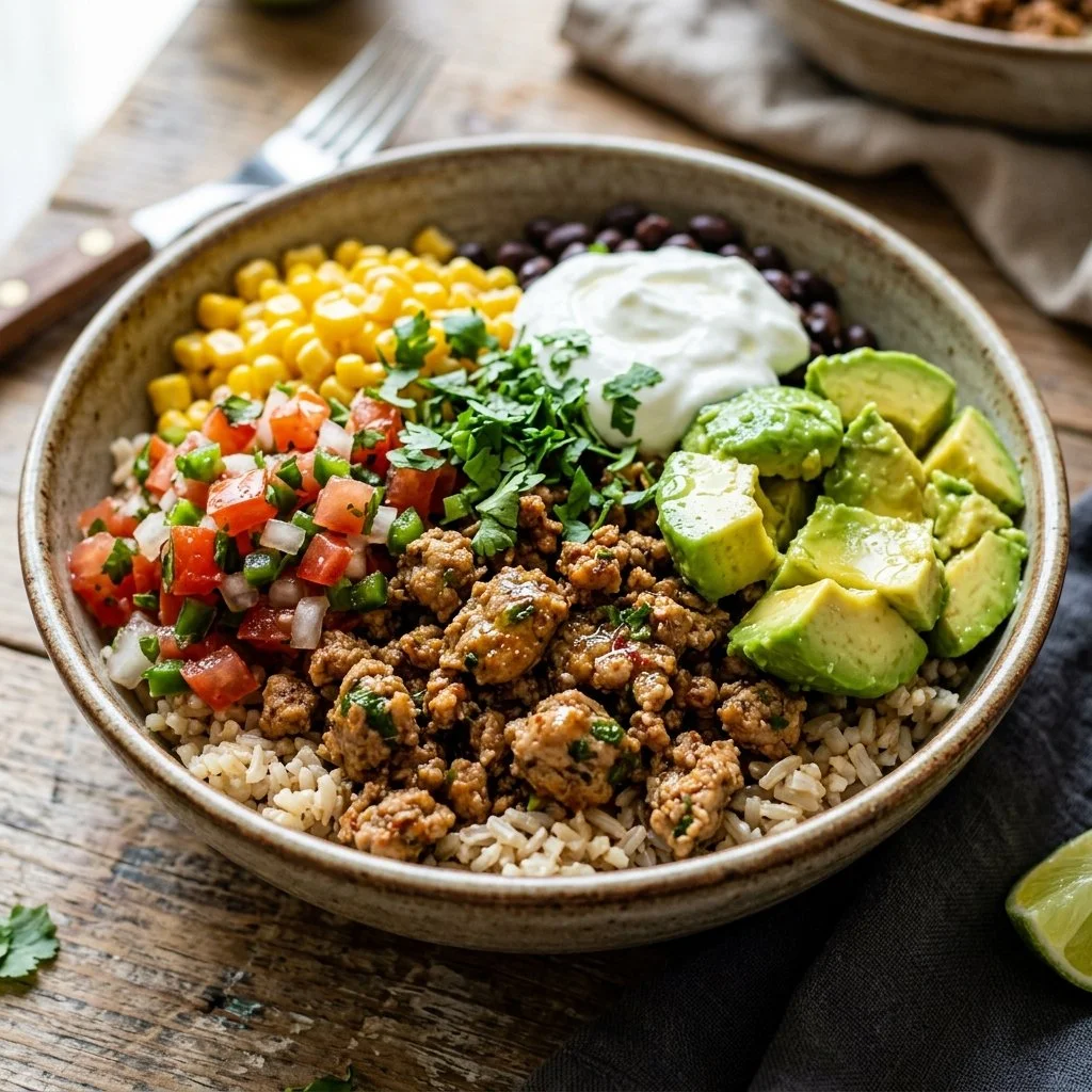 Healthy turkey taco bowls topped with fresh vegetables and spices.
