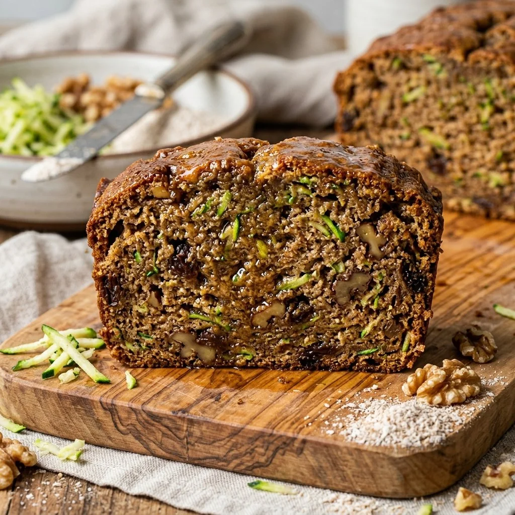 Slice of healthy zucchini bread with nuts and spices on a wooden table