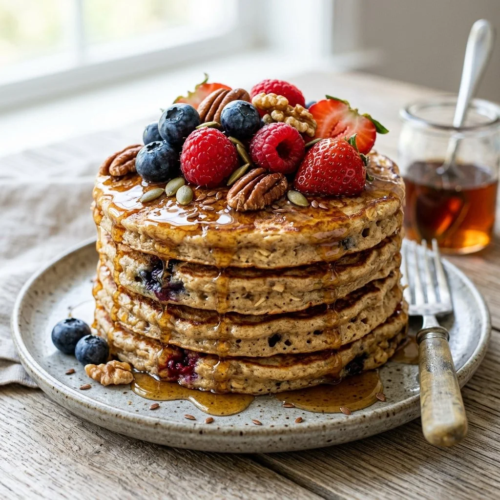 High protein pancake stacked with fresh fruits and syrup on a plate.